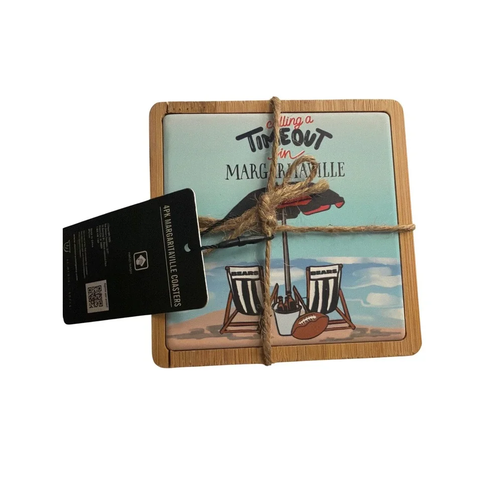 Chicago Bears Margaritaville Coasters 4PK Ceramic Wood Cork NFL Beach Timeout